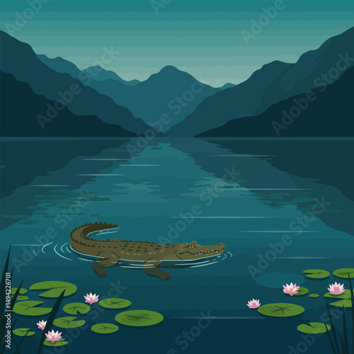 Alligator Swimming in Lake with Lily Pads and Mountain Backdrop