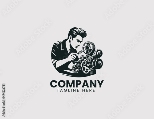Focused Mechanic Carefully Working on Intricate Machine Mechanism Vector Logo Design
