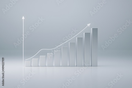 3D Metallic Bar Chart with Growth Arrow on Minimalist Gradient Background
