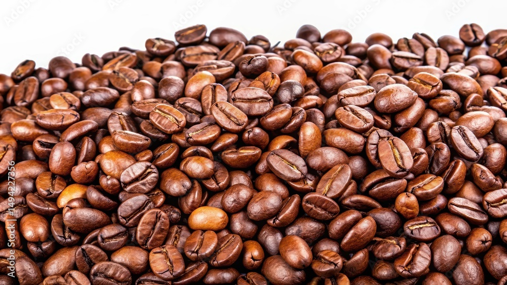 Fototapeta premium Brown coffee beans with shiny surface, scattered on a white background, highlighting the texture and color of the roasted beans