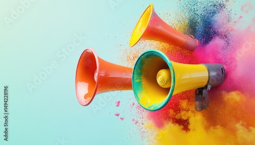 Colorful megaphones amidst vibrant powder explosion (2)