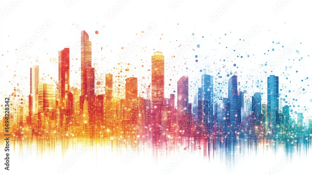 Fototapeta premium Glowing Skyline with Radiant Light Patterns on Isolated Background