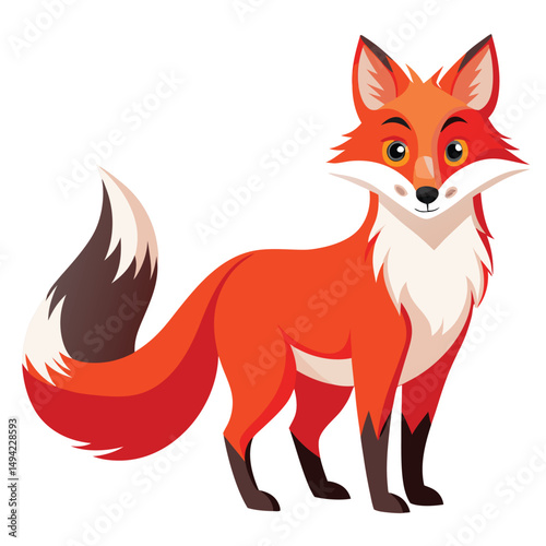 A stylized red fox with a bushy tail stands playfully on a white surface a white background
