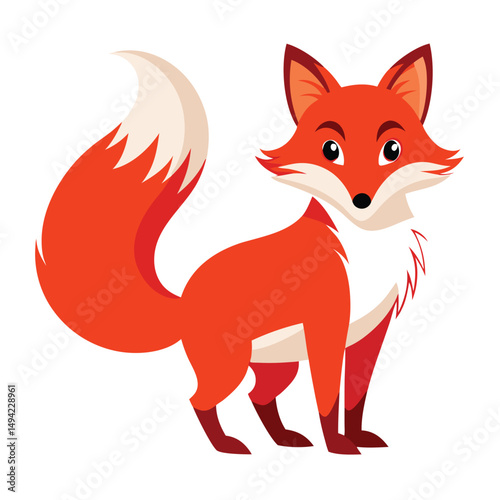A stylized red fox with a bushy tail stands playfully on a white surface a white background