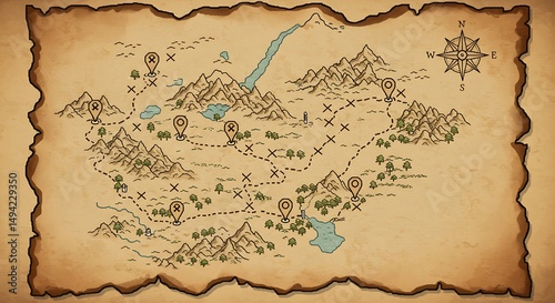 Detailed pixel art treasure map with castle and marked locations