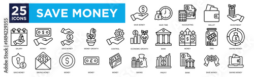 save mony icon collection set. Containing design Save Money ,Save Time ,Accounting ,Wallet ,Investment
