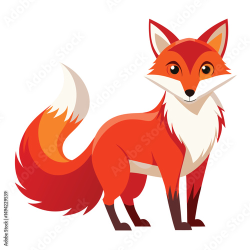 A stylized red fox with a bushy tail stands playfully on a white surface a white background