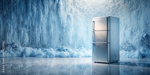 A frozen fridge with a stand near an iced wall, surrounded by frosty details and a blurred background