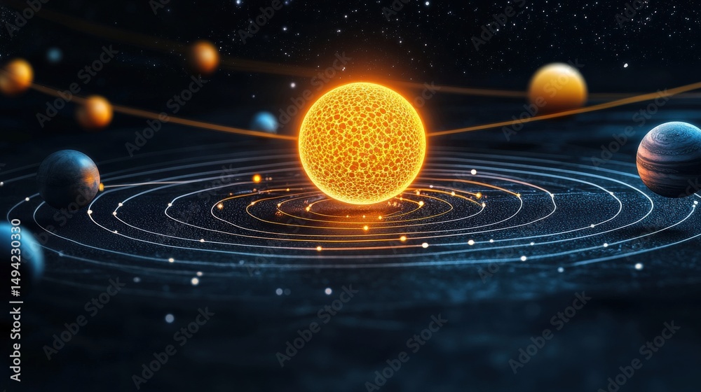 Fototapeta premium Solar System Planetary Alignment With Bright Stars On Black Background