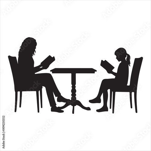 Mother teaching child silhouette vector illustration