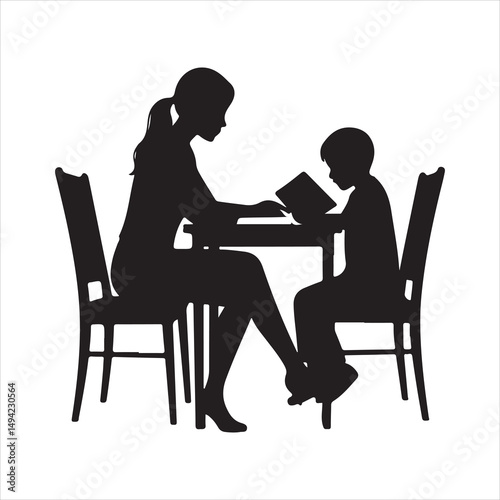 Mother teaching child silhouette vector illustration