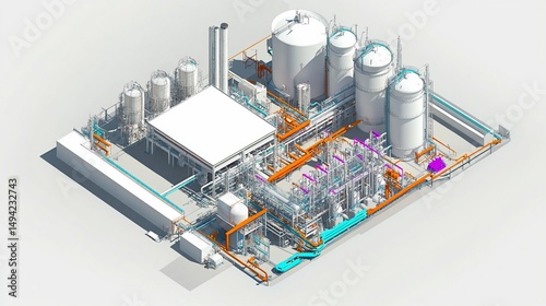Isometric Industrial Plant Illustration with Intricate Piping System