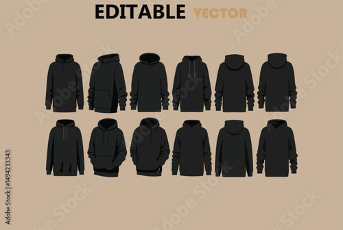 Twelve black hoodies in various views for apparel design and mockups