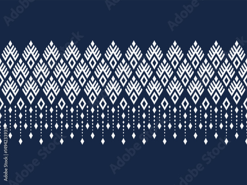 White diamond shaped ikat seamless border pattern on navy blue for decorations, fabric prints, textile, wallpaper, and other prints