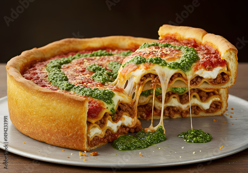 Layered deep dish pizza with pesto photo