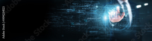 Businessman touching circuit of investment and economic growth. Portfolio diversification strategies, risk management techniques, financial market analysis, asset allocation models photo