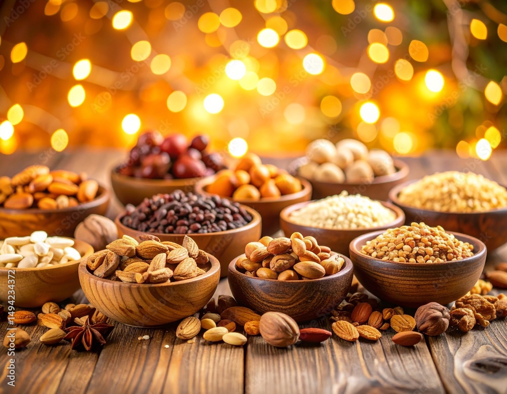 Fototapeta premium Assortment of Nuts and Seeds in Wooden Bowls on Rustic Wooden Table