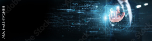 Businessman touching circuit of network administration and networking infrastructure. Network performance monitoring, access control management, system configuration, cybersecurity protocols