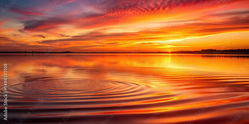 Obraz premium Softly glowing red and orange fluid waves dance on a calm lake surface at dawn, reflecting stunning golden hues and subtle ripples in the water , warm colors, serene landscape
