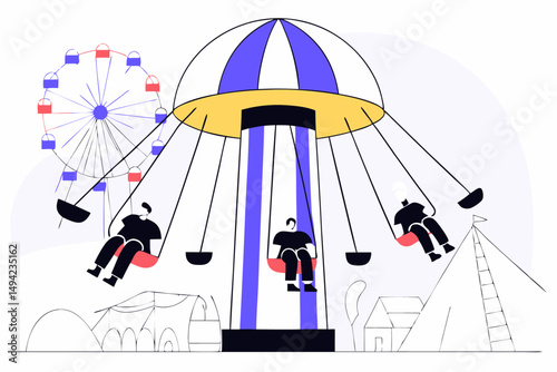 Whimsical amusement park ride in vivid colors creating a joyful and fantastical scene for kids-themed graphics and illustrations