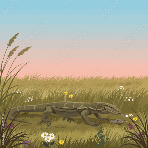 Lizard Hunting Prey in Grassy Field at Dusk Vector Illustration