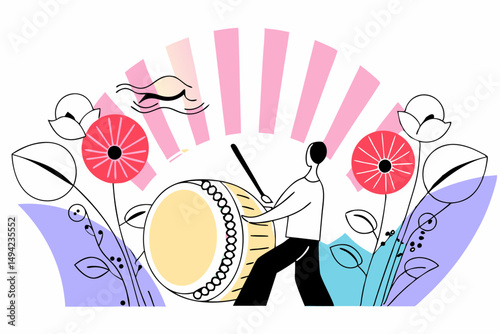 Stylized human figure drumming in a black and white abstract composition ideal for minimalist music themed artwork and print media