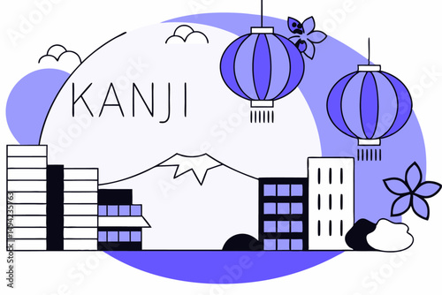 Serene urban Asian skyline with cherry blossoms and kanji floating above perfect for peaceful cultural design and dreamy city visuals