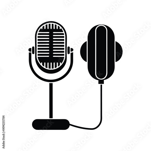 Black and white minimalist microphone vector illustration depicting audio recording and broadcasting