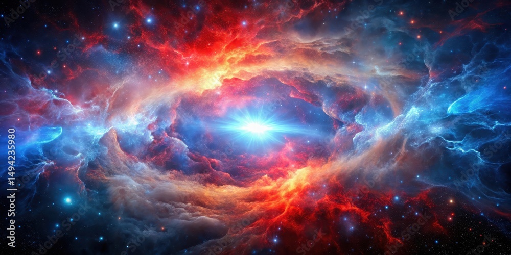 Naklejka premium Galaxy Nebula with Red and Blue Glowing Plasma, nebula, cosmic nebula, nebula,cosmic nebula, celestial, plasma, celestial