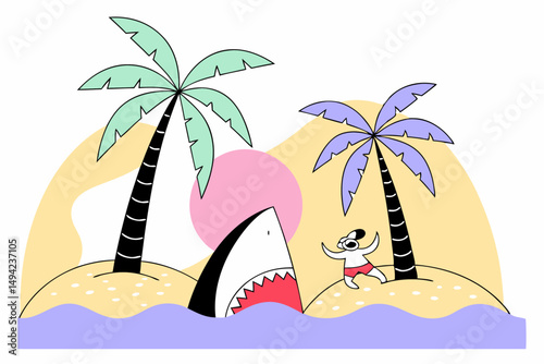 Danger Shark Tropical Island Palm Trees Cartoon Illustration