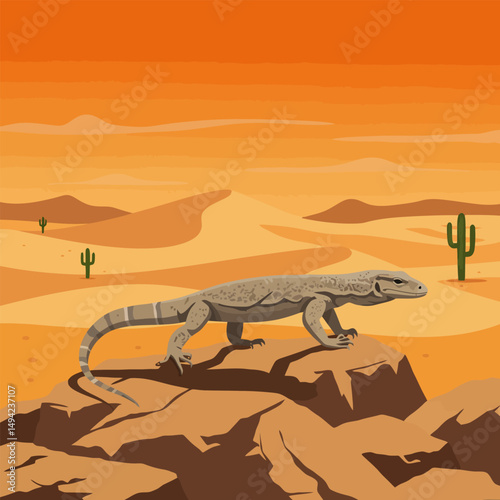 Lizard Standing on Rock in Arid Desert Landscape Illustration