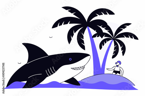 Danger Shark Tropical Island Palm Trees Cartoon Concept