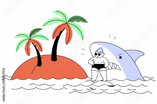 Danger Shark Tropical Island Palm Trees Cartoon Artwork