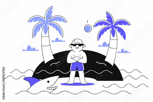 Danger Shark Tropical Island Palm Trees Cartoon Artwork