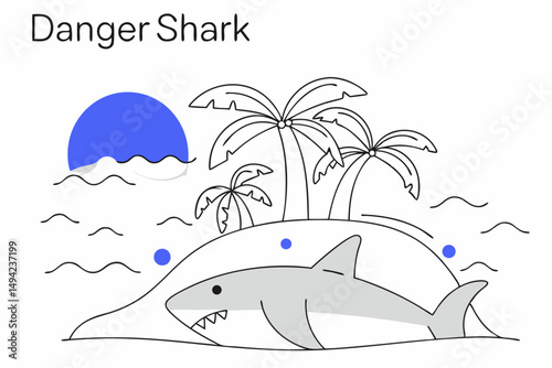 Danger Shark Tropical Island Palm Trees Cartoon Artwork