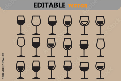 Eighteen editable vector wine glass icons set for menu design