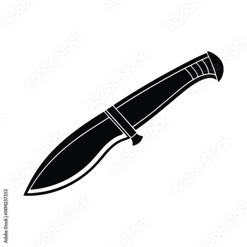A sleek black silhouette of a hunting knife isolated against a white background