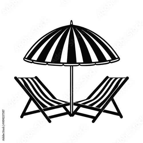 Black and white illustration of a beach scene featuring umbrella and lounge chairs