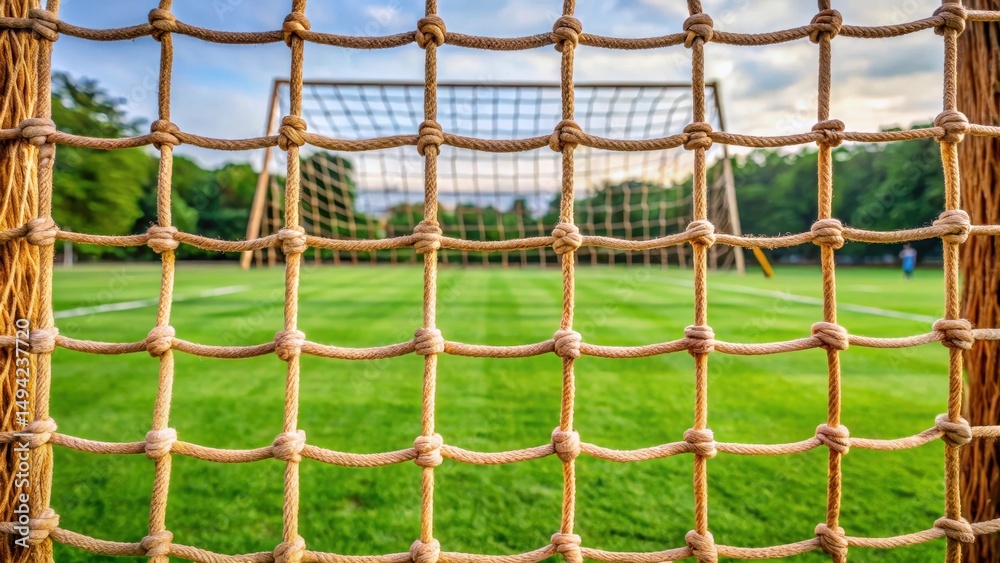 Intricate soccer net mesh with woven fibers and wooden frame, pitch, woven, pitch, woven, goalpost, sporty, football, arena Intricate soccer net mesh with woven fibers and wooden frame, pitch, woven, pitch, woven, goalpost, sporty, football, arena