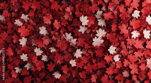 A dense scattering of red and off-white maple leaves on a dark background, creating a textured autumnal pattern