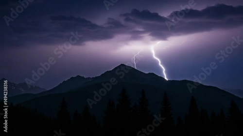 4k video, Lightning storm in the night sky at mountain, , Multiple lightnings and thunders illuminate night sky and hills, 