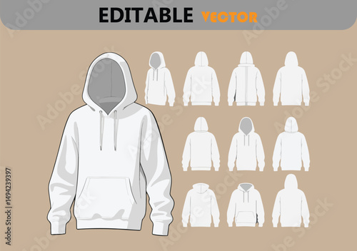 Editable vector template of white hoodies front and back views multiple angles for design mockup