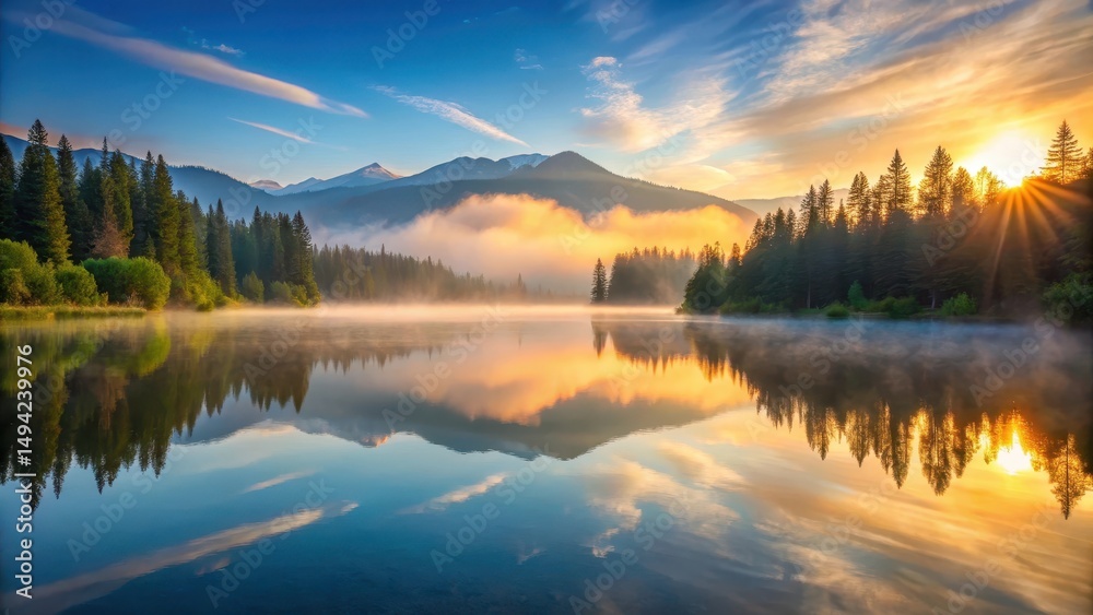 Obraz premium A serene mountain lake at sunrise with mist and reflections, mountain, reflection