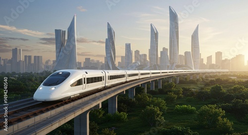 Futuristic cityscape with a high-speed train traversing an elevated track through green landscape at sunset, showcasing modern architecture
