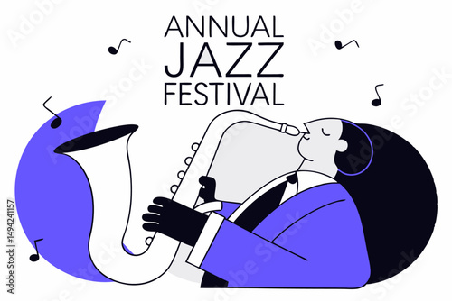 Jazz festival scene featuring saxophone and musical notes in orange theme evoking excitement and musical creativity during live performances.