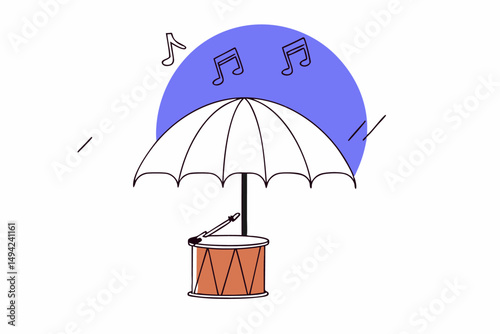 Lively jazz festival art with orange drum and yellow umbrella accents creating a festive and colorful representation of jazz celebrations.
