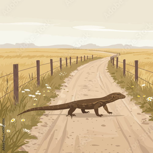 Lizard Crossing Rural Road in Grassy Field with Mountain Backdrop