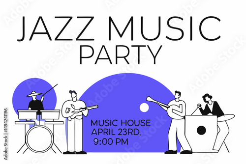 Exciting jazz music party illustration with live music and festive vibes capturing the essence of a lively night filled with jazz rhythms.