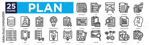 plan icon collection set. Containing design Installment, Plan, Tactical, Notebook, Growth, Planning, Weekly Calendar, Survey, Financial Report, Strategy, Materials, Diagram, Game Plan, Planning Strate