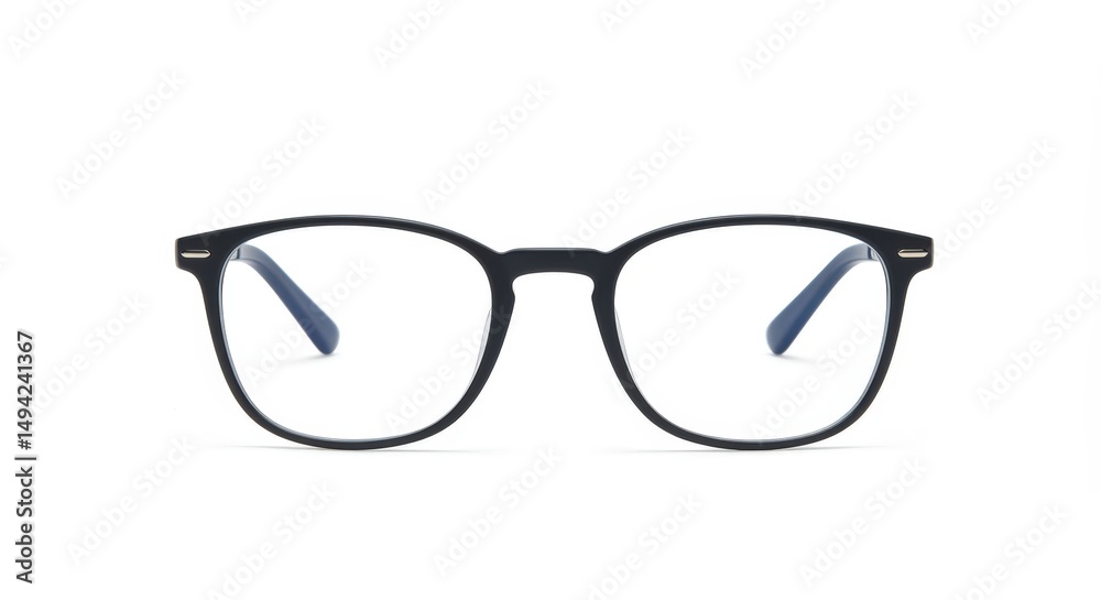 Fototapeta premium A contemporary pair of black-rimmed eyeglasses, perfectly centered on a clean white surface.